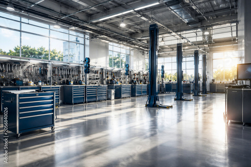 Modern automotive service workshop interior with hydraulic vehicle lifts, organized tool cabinets, polished floor and bright industrial lighting