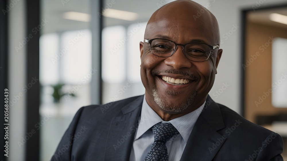 Fototapeta premium Confident Businessman Smiling in Modern Office Environment with Professional Attire and Glasses