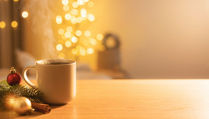 Steaming Mug Of Coffee With Holiday Decorations And Blurred Golden Fairy Lights On A Wooden Table
