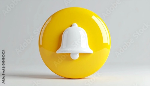 Glossy yellow circular button with white bell notification icon isolat