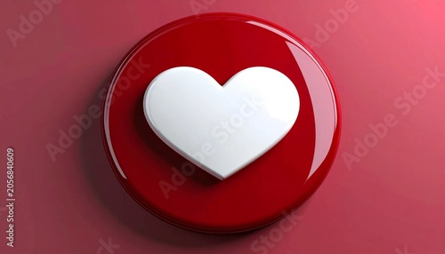 Glossy deep red circular button with white double heart icon isolated