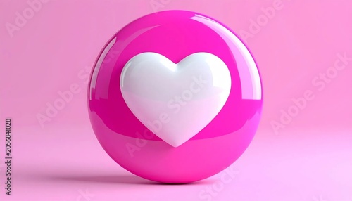 Glossy pink circular button with white heart icon isolated on white ba