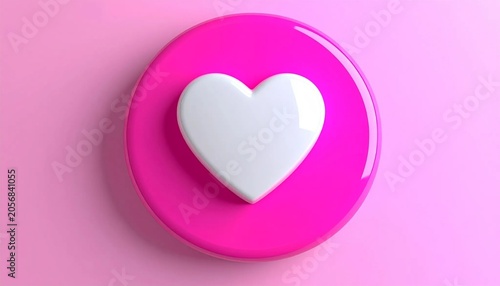 Glossy pink circular button with white heart icon isolated on white ba