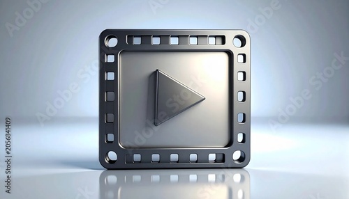 3D square film reel icon with play triangle cutout isolated on white b