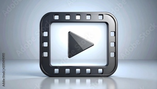 3D square film reel icon with play triangle cutout isolated on white b