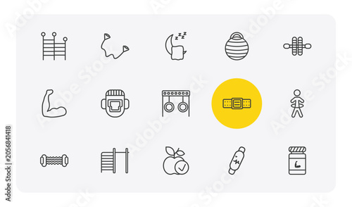 Fotografie gym and fitness outline icon set
