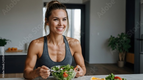 Smiling Woman Enjoying Healthy Salad in Modern Kitchen Bathed in Natural Light
