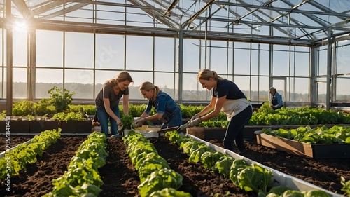 Women Working Together in a Greenhouse Planting Lettuce and Nurturing Vegetables in Rows