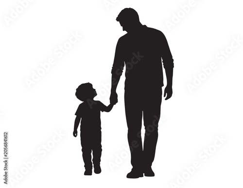 Fotografie Father and son walking hand in hand, a heartwarming black silhouette illustration, symbolizing family bonds and paternal love, perfect for parenting and childhood themes