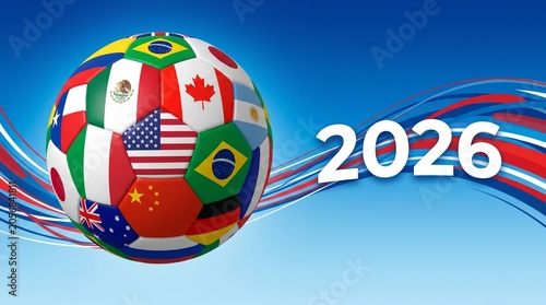 Global soccer ball with flags and the year 2026 on a blue background