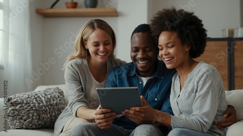 Group of Three Friends Smiling and Enjoying Quality Time While Watching Tablet at Home