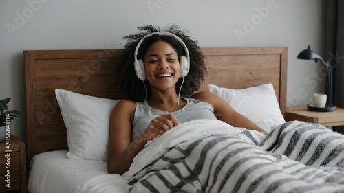 Smiling Young Woman Relaxing in Bed with Headphones Enjoying Music in Cozy Bedroom Interior