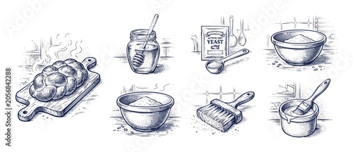 Fotografie Baking challah bread ingredients illustration set featuring flour, yeast, honey, pastry brush, and fresh loaf on a wooden cutting board in vintage woodcut engraving style for kitchen recipe creations