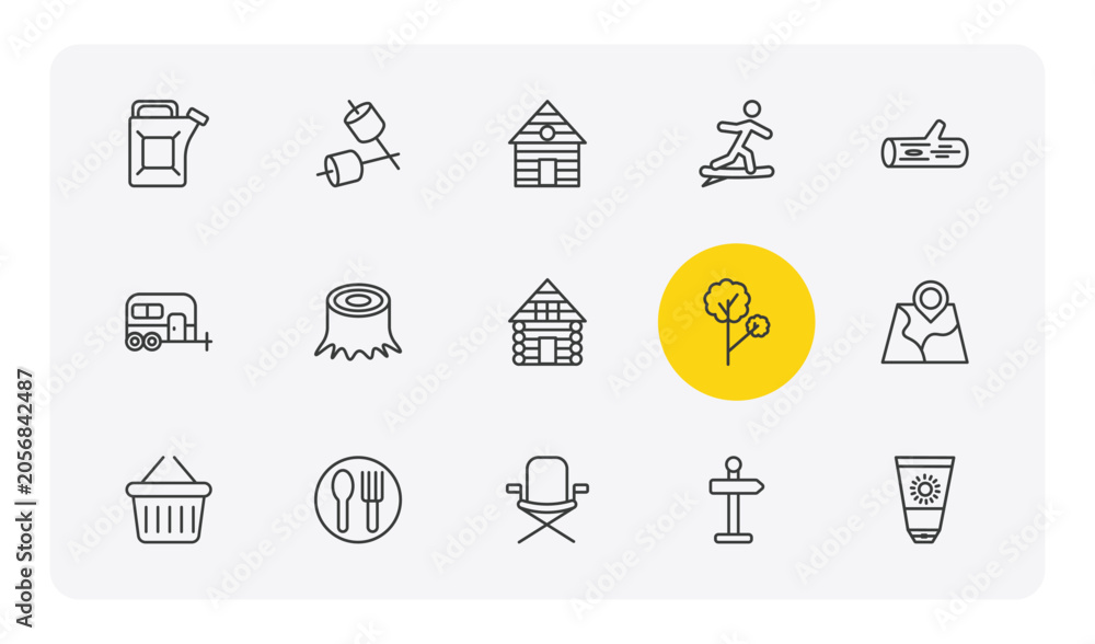 Fototapeta premium camping outline icon set. thin line gasoline, marshmallow, surfing, sun lotion and more icons. editable vector