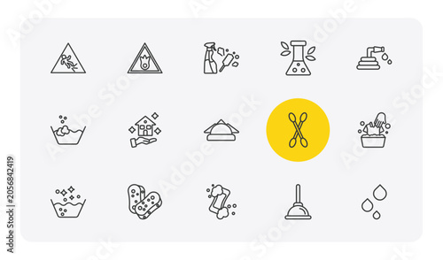 cleaning outline icon set. thin line wet floor, oxidizing agent, preservatives, liquid and more icons. editable vector