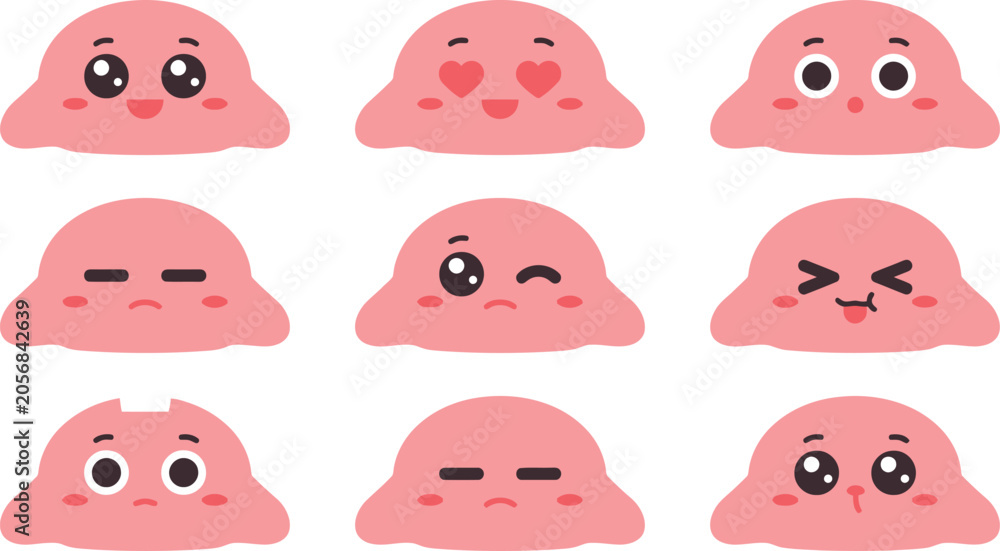 Obraz premium Cute Pink Blob Monster Emoji Character Set with Different Facial Expressions for Kawaii Stickers Apps Game UI and Digital Media Designs