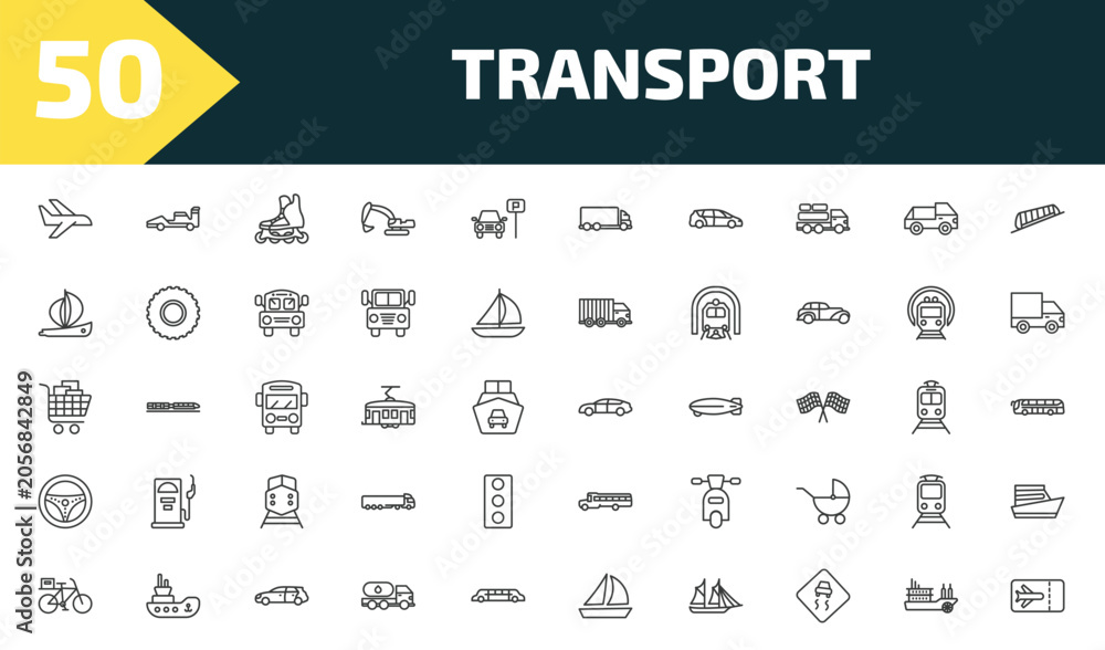 Naklejka premium transport outline icon set. thin line flights, formula 1, inline skates, plane tickets and more icons. editable vector