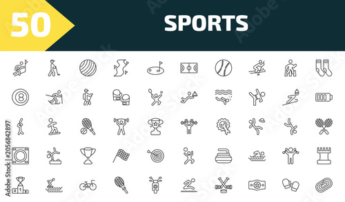 sports outline icon set. thin line winning the race, golf player hitting, gym ball, running track and more icons. editable vector