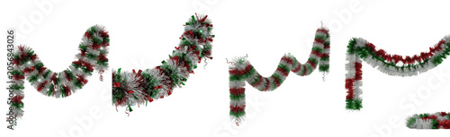 Konstfotografi Isolated Christmas tinsel garland borders set, red white and green festive metal