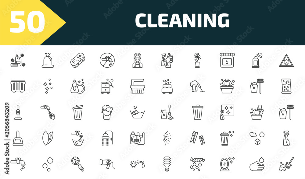 Fototapeta premium cleaning outline icon set. thin line softener, trash bag, sponges, sweeping and more icons. editable vector
