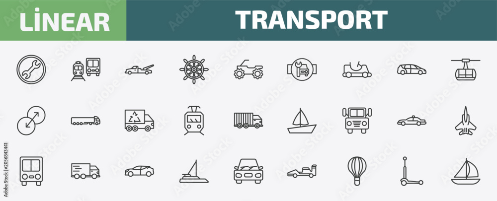 Obraz premium transport outline icon set. thin line repair, public transportation, wrecker, micro scooter and more icons. editable vector