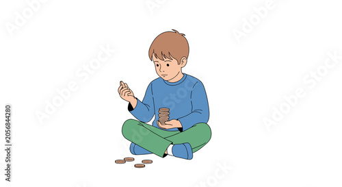 Εκτύπωση καμβά Boy sitting cross-legged counting coins, illustration, isolated on white backgro