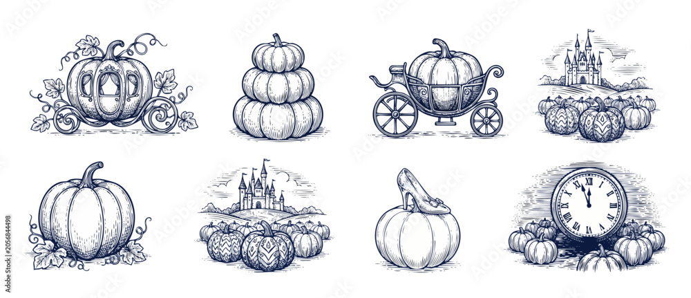 Naklejka premium Pumpkin carriage engraving illustration set showing Cinderella fairy tale icons with royal castle, glass slipper, midnight clock, and magic pumpkins for vintage Halloween graphic design element set.