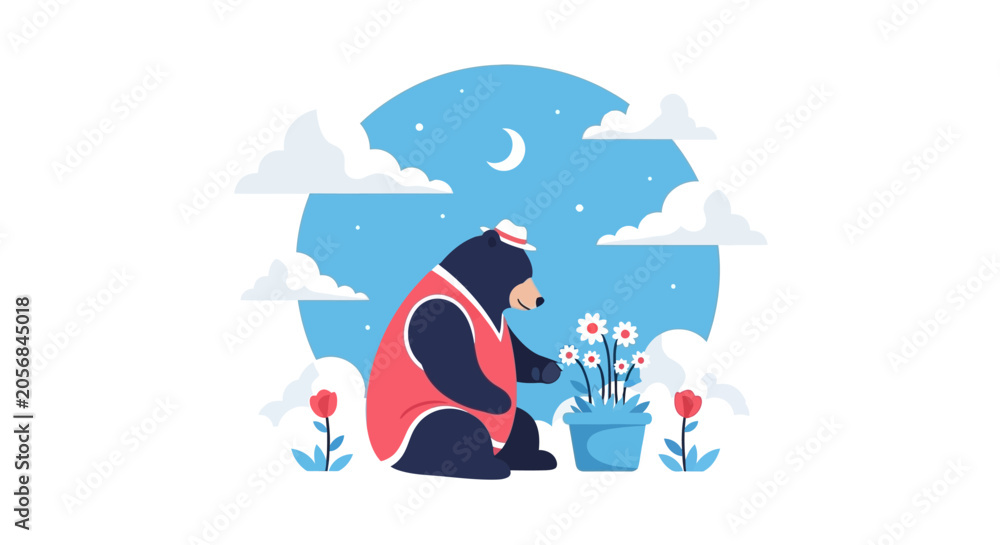 Naklejka premium Cute bear in hat and vest tending flowers under moonlit sky