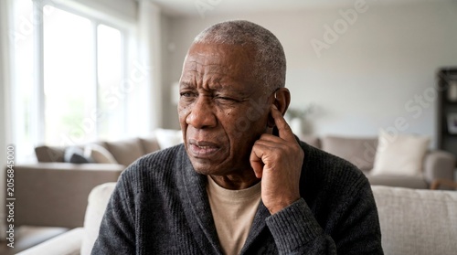 A senior African man touching his ear, experiencing hearing loss or earache pain at home