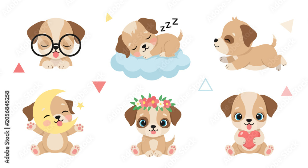 Fototapeta premium Cute Cartoon Puppy Set in Various Poses and Expressions