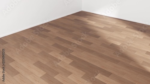 Wood Flooring Installation 3d animation. Installation of wooden laminate flooring in a modern empty room. Home renovation, interior construction, and flooring installation concepts