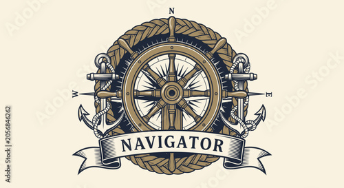 Tableau sur toile Nautical Navigator Emblem with Ship Wheel, Compass Rose, Anchors, and Rope