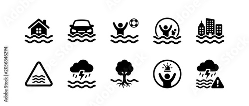 Quadro su tela Flooding icon set, flood disaster, inundation, water damage, storm emergency, rescue, warning, submerged buildings