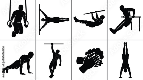 Bodyweight exercise and gymnastics icons, rings, human flag, front lever, dips, push‑ups, one‑arm hang, clapping hands, handstand illustration