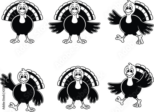 Cute Turkey Mascot Character Set - Cartoon Bird Poses