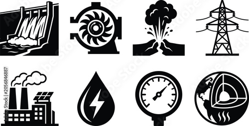 Renewable and geothermal energy icons, hydroelectric dam, turbine, geyser, transmission tower, power plant, electricity droplet, pressure gauge, Earth cross‑section illustration