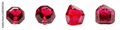 Фотография Set of 4 Red Ruby Gemstones and Crimson Crystals Isolated on White Background, 3