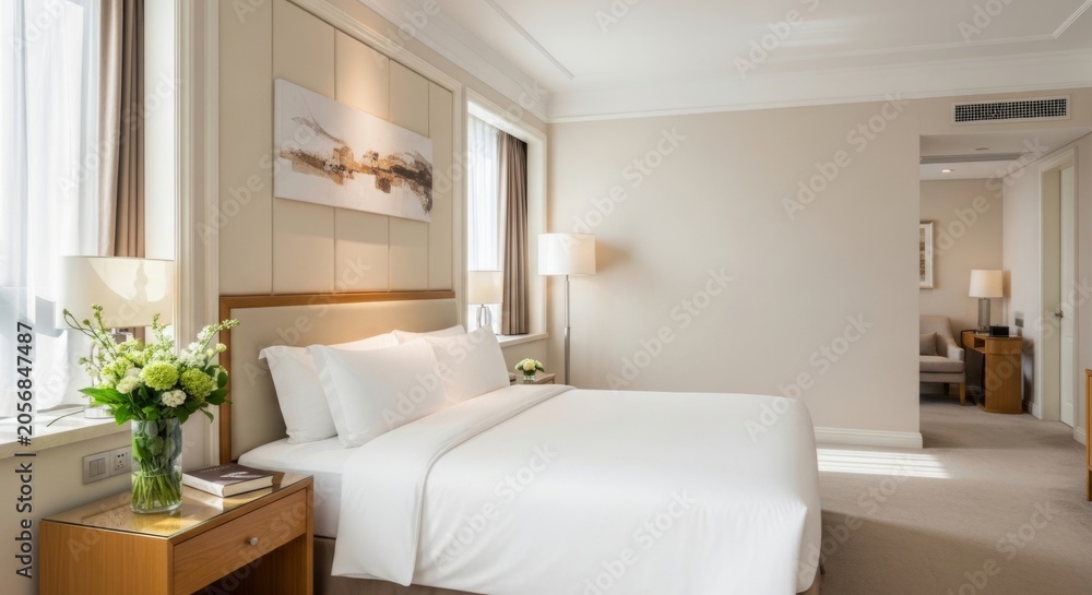 Fototapeta premium Luxury hotel suite bedroom with crisp white linens and fresh floral arrangement, serene ambiance for relaxation and comfort