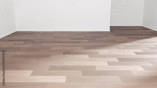 Wood Flooring Installation 3d animation. Installation of wooden laminate flooring in a modern empty room. Home renovation, interior construction, and flooring installation concepts