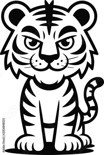 Tiger Mascot Character - Cute Cartoon Tiger Sitting Pose (Black and White)