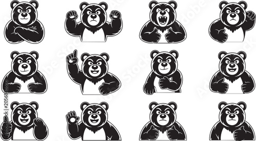 Bear Mascot Character Set - Diverse Cartoon Bear Poses in Black and White