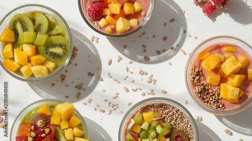 Top view of colorful fruit yogurt bowls with chopped fruits, seeds, and berries on white background