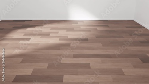 Wood Flooring Installation 3d animation. Installation of wooden laminate flooring in a modern empty room. Home renovation, interior construction, and flooring installation concepts
