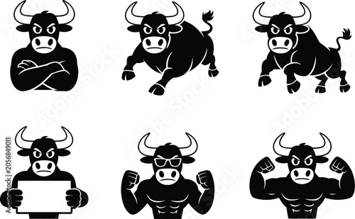 Bull Mascot Character Set - Angry and Strong Bull Cartoon Poses