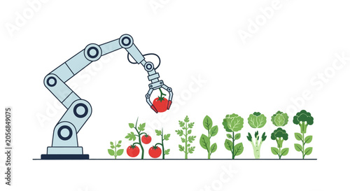 Robotic arm harvesting tomatoes in vertical farm, automated agriculture