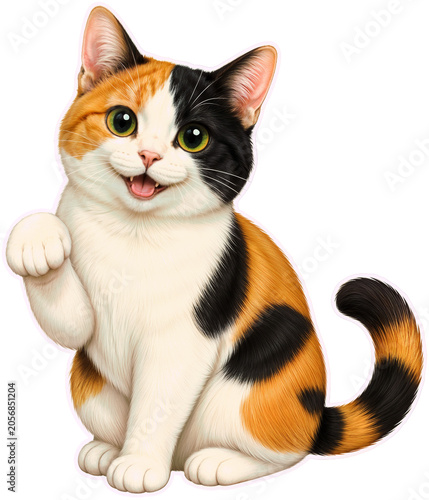 Smiling Calico Cat Raising Paw Sticker PNG