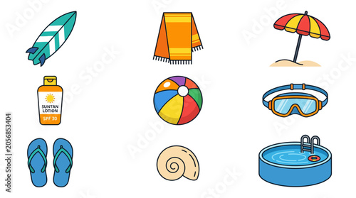 Colorful summer beach vacation icons illustration set.