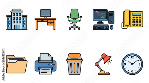 Colorful flat design office icons set.