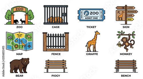 Canvas Print Colorful zoo and travel themed icons collection.