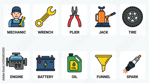 Flat Design Icons of Automotive Tools and Parts.